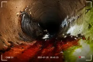 Sewer camera inspection view inside a dirty drain pipe
