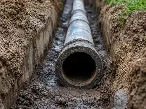 Large grey pipe laid in a freshly excavated trench during sewer line repair