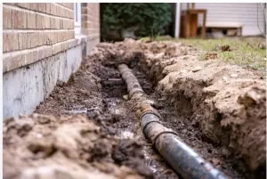 Exposed sewer pipe line in a trench