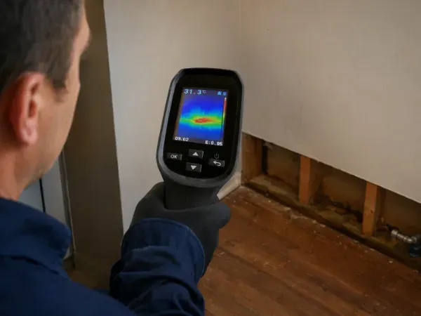Technician using a thermal imaging camera to inspect a wall for slab and hidden water damaged area near exposed drywall