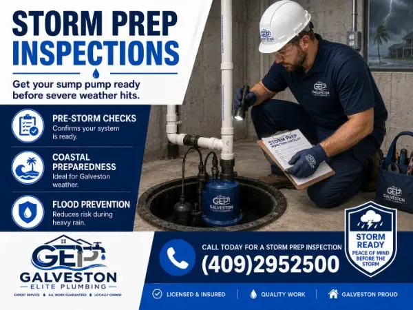 Professional plumber from Galveston Elite Plumbing inspecting a blue sump pump with a storm prep checklist before severe weather