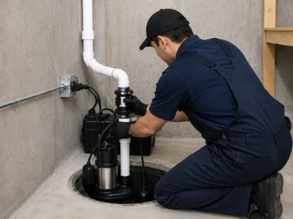 Plumber installing and servicing a sump pump system in a basement to prevent flooding