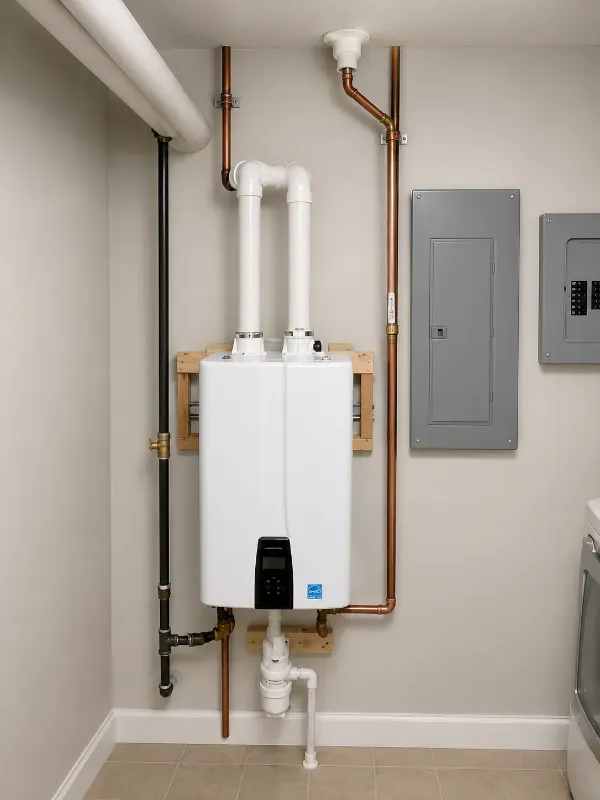 Professionally installed ENERGY STAR white tankless water heater with copper, gas, and PVC connections in a utility room