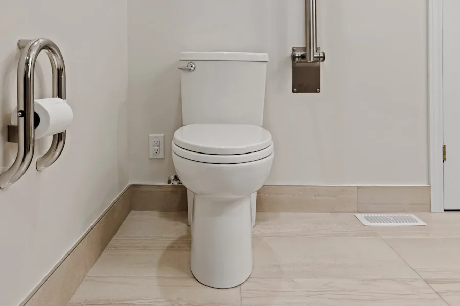 White toilet with grab bars showing tank parts and handle that may need replacement