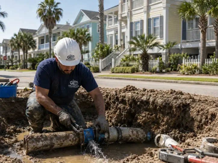 Professional Galveston Elite Plumbing plumber overhauling a spraying underground water pipe seep in a residential neighborhood trench