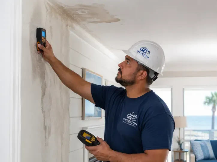 A Galveston Elite Plumbing plumber using a moisture meter and thermal imaging camera to locate a reason for oozing behind a water-damaged wall and ceiling in a residential home