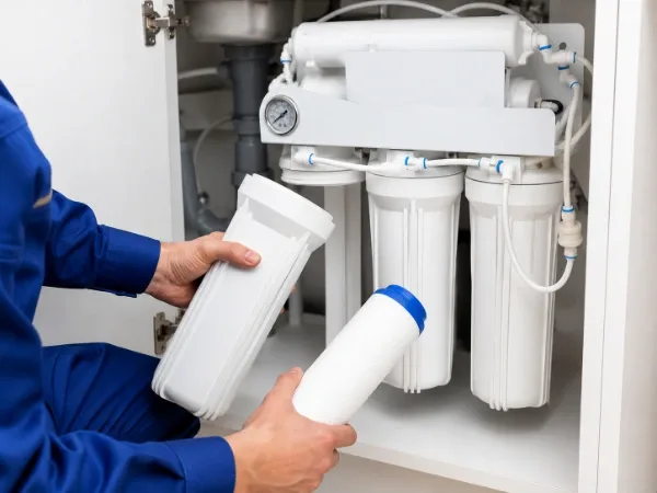 Plumber installing a whole-home water filtration and softening system with replacement filter cartridges