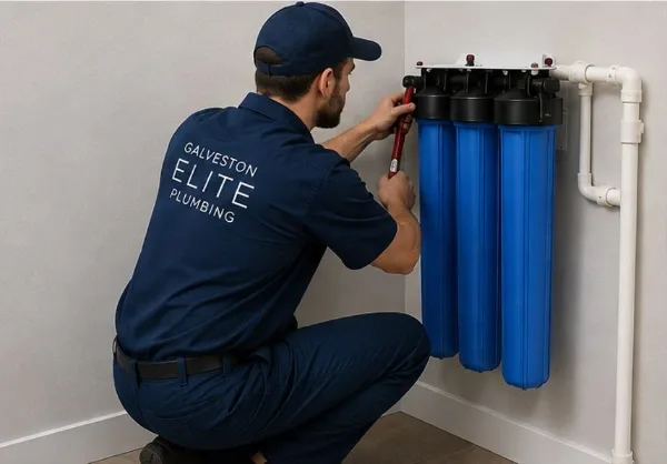 A professional plumber from Galveston Elite Plumbing installing a three-stage whole-home water filtration and softening system