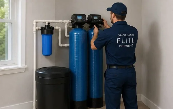 A professional plumber from Galveston Elite Plumbing servicing a whole-home softening and filtration system