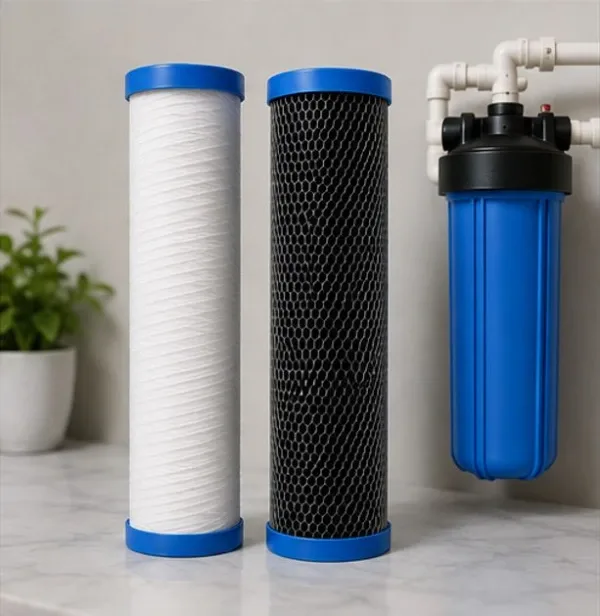 A white sediment filter, a black carbon block filter, and a blue water filter housing unit connected to plumbing on a white countertop