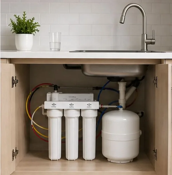 A professional installation of a three-stage under-sink reverse osmosis water filtration system and storage tank inside a modern kitchen cabinet