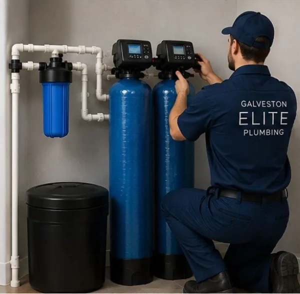 A professional plumber from Galveston Elite Plumbing installing a dual-tank softener and filtration system with a brine tank and sediment filter