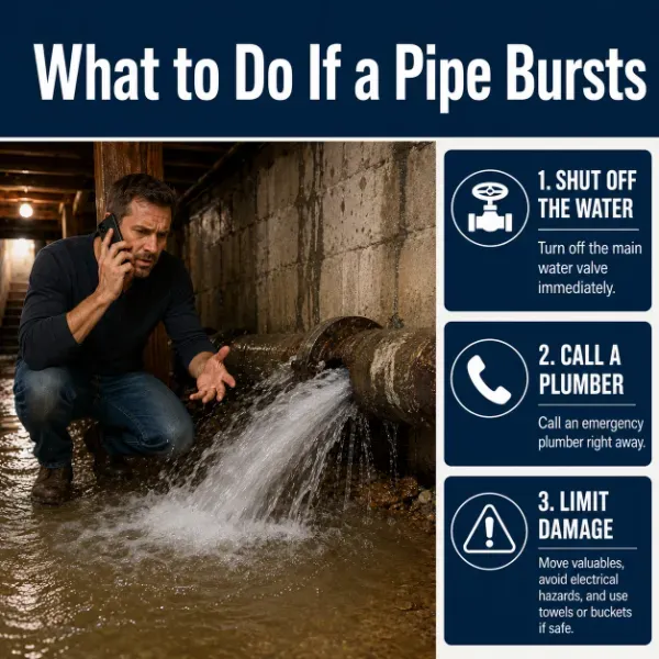 Infographic titled What to Do If a Pipe Bursts showing a homeowner calling for help in a flooded basement beside a ruptured pipe, with three steps: shut off the water, call a plumber, and limit damage