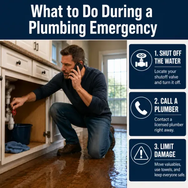 Infographic titled What to Do During a Plumbing Emergency showing a homeowner on the phone turning off a red shutoff valve under a flooded kitchen sink, with three steps: shut off the water, call a plumber, and limit damage
